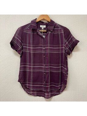 NWT Lucky Braden’s Maroon Plaid Sheer Button Down Short Sleeve Sz S/P
